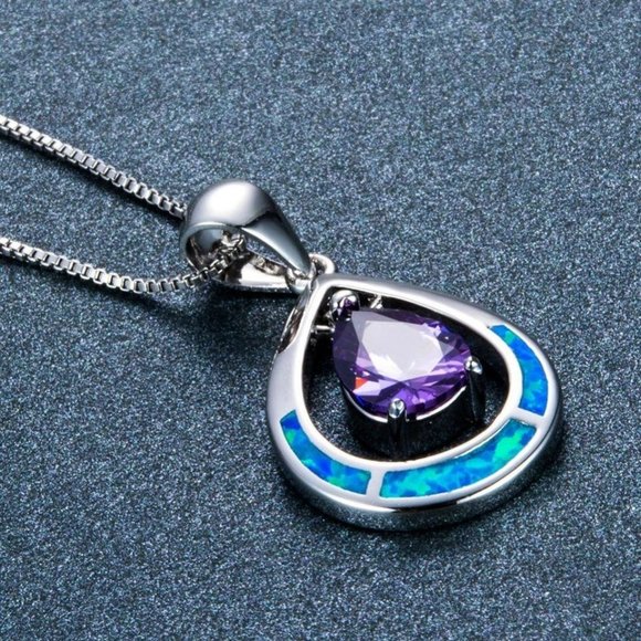 925 Sterling Silver Blue Opal Teardrop Mystic Topaz Necklace - Picture 3 of 10